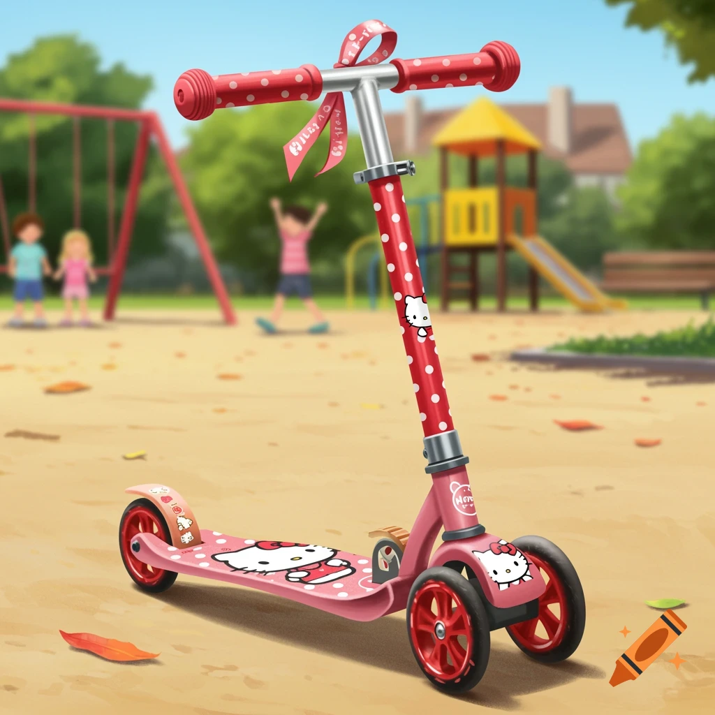 A pink Hello Kitty themed scooter sits on the ground at a playground.