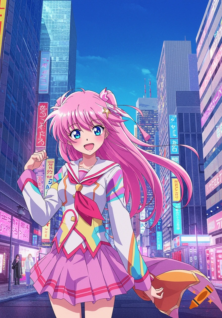 Anime girl with pink hair and blue eyes in a sailor uniform stands on a city street at night.