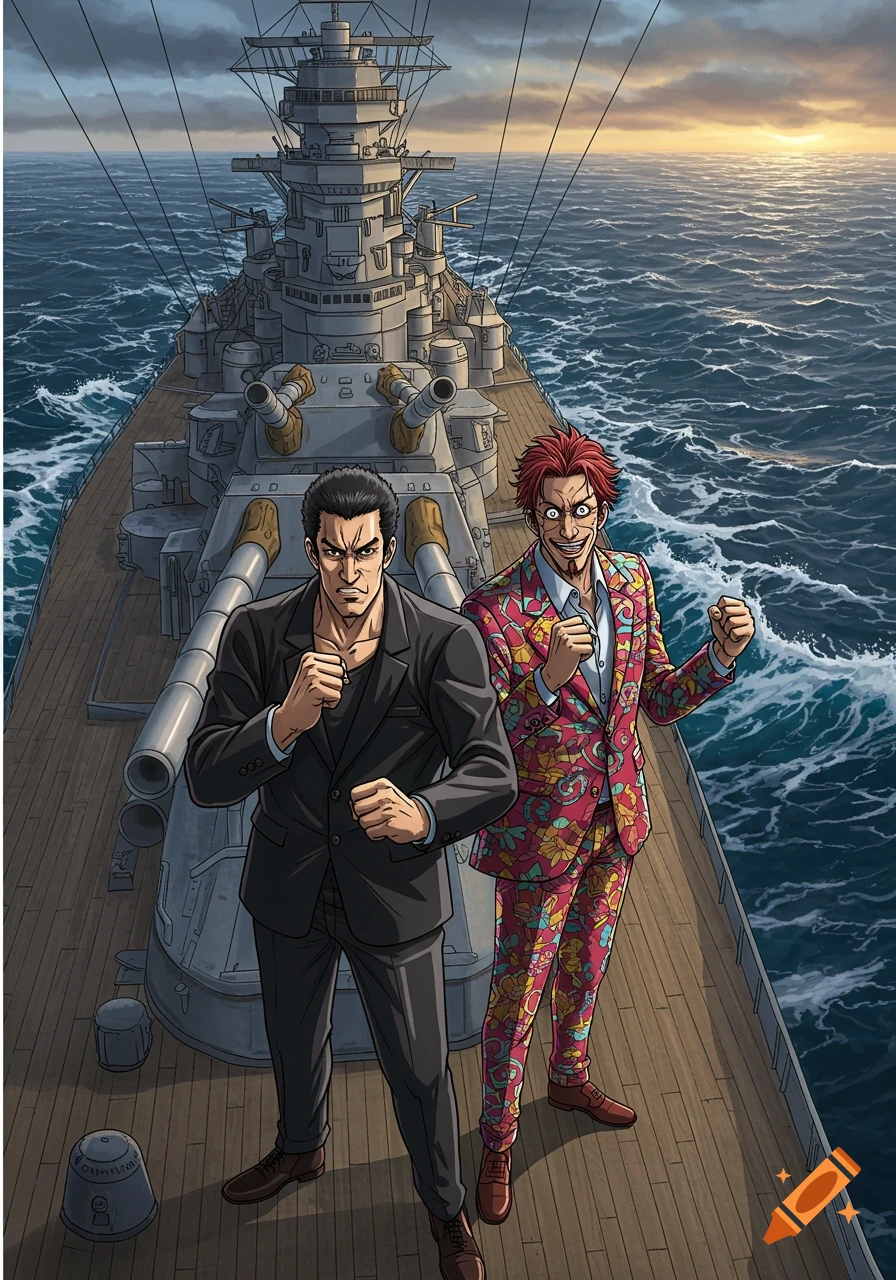Two anime-style men stand on a battleship deck at sea under a cloudy sky with sunset.
