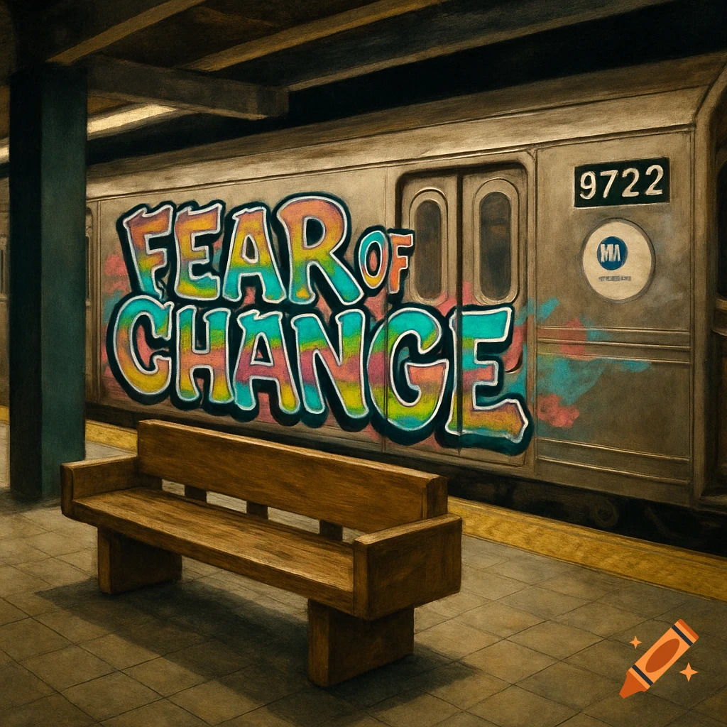 Empty bench on subway platform facing train with 'Fear of Change' graffiti. Textured art style.