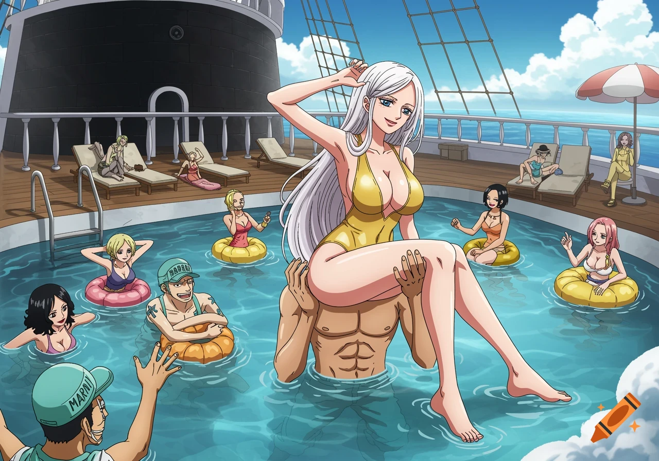 Anime characters swim in a pool on a ship deck. A woman in a gold swimsuit sits on a man's shoulders.