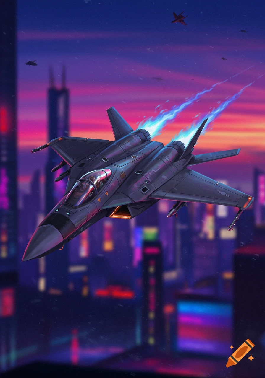 A futuristic fighter jet with blue exhaust flies over a neon city skyline at sunset.