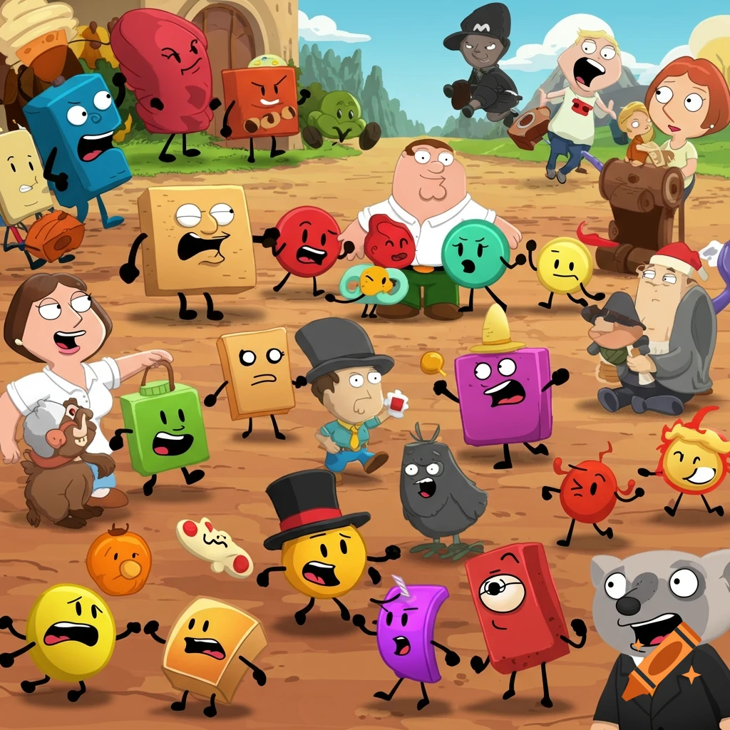 A crowded cartoon scene with characters from Family Guy and animated objects from Battle for Dream Island interacting outdoors.
