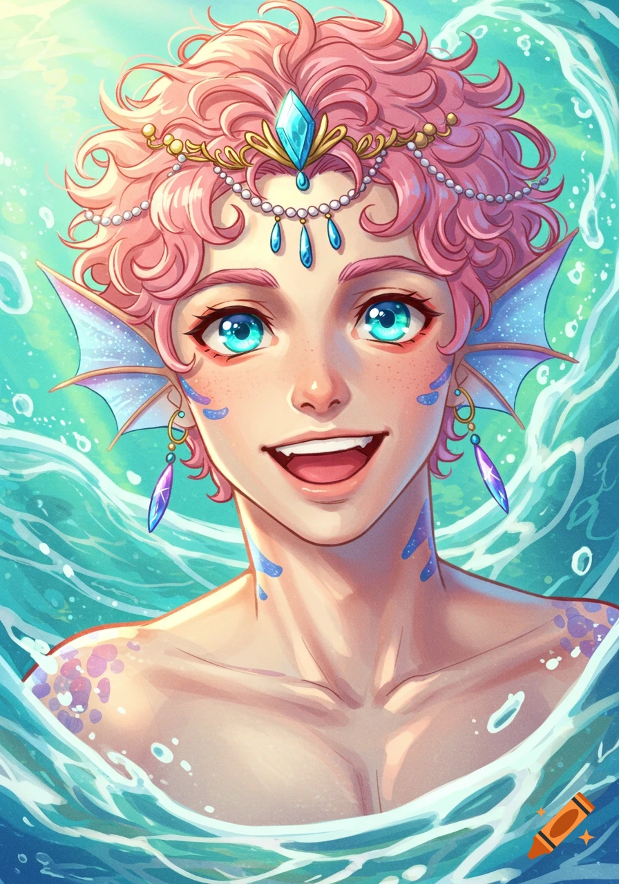 Anime portrait of a merman with pink hair and blue eyes in water