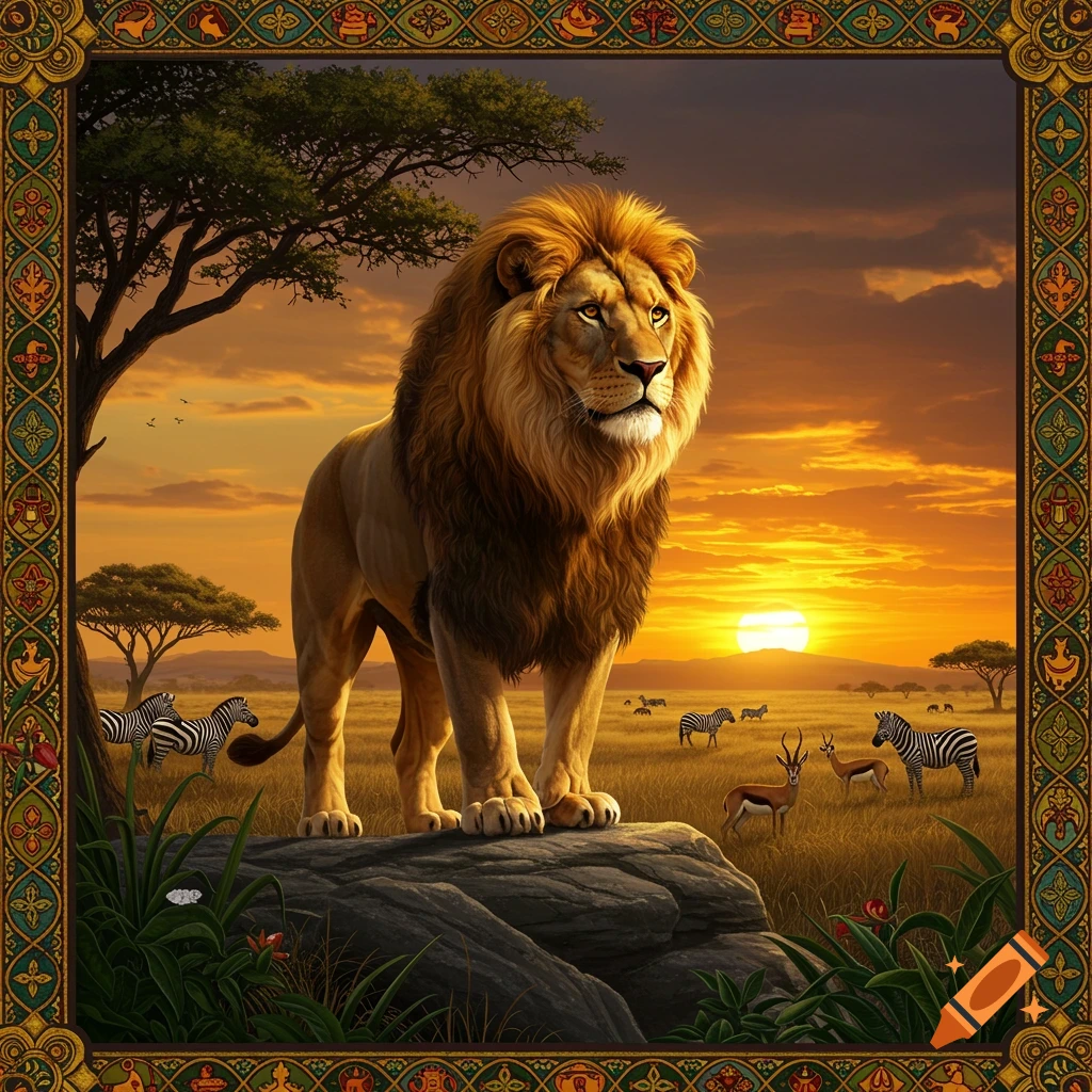A majestic lion stands on a rock in a savanna at sunset, with zebras and antelopes in the background, framed by a decorative border.