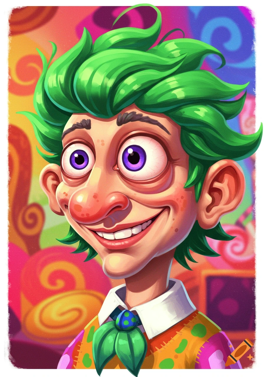 Stylized cartoon portrait of a character with bright green hair and purple eyes