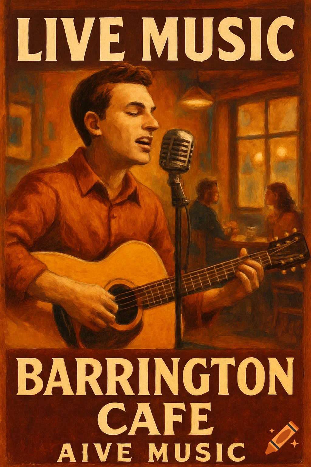 Vintage poster of a man playing guitar and singing in a cafe with text 'LIVE MUSIC BARRINGTON CAFE'.