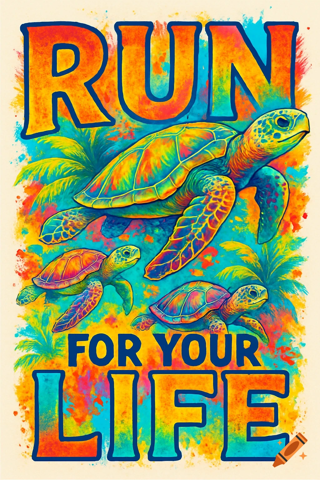 Vibrant art print with turtles swimming and the text 'Run For Your Life'