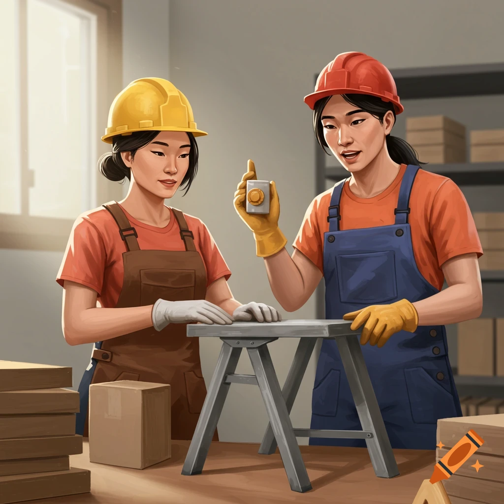 Two women in hard hats and work clothes assemble a stool.