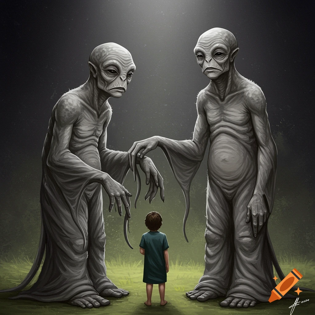 Two large, gray, alien figures stand over a small child in a grassy field, illustration style.