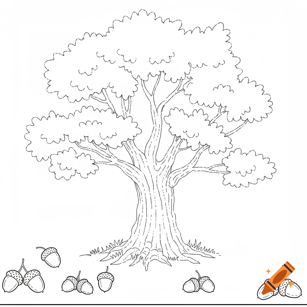 Line drawing of an oak tree with acorns around the base.