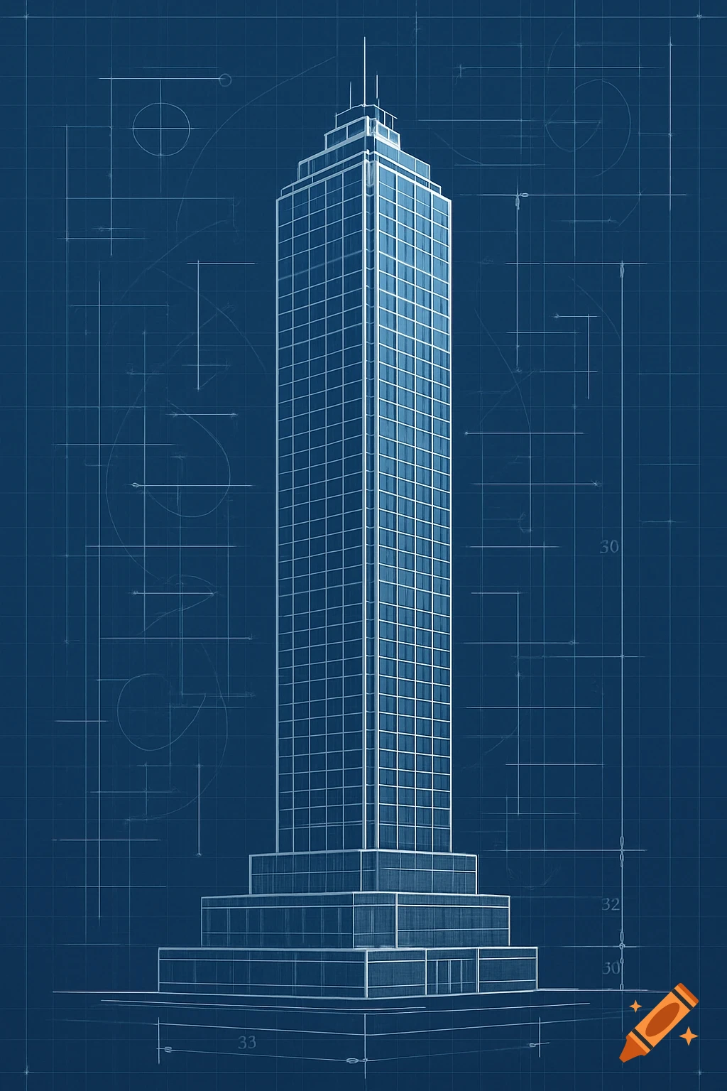Blueprint drawing of a skyscraper on a blue background