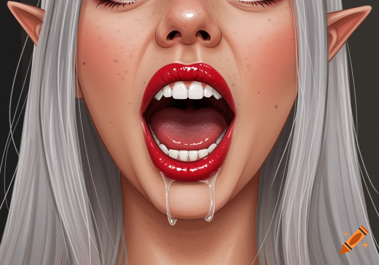 Close-up digital art of an elf's wide open mouth with red lipstick, white teeth, and drool.