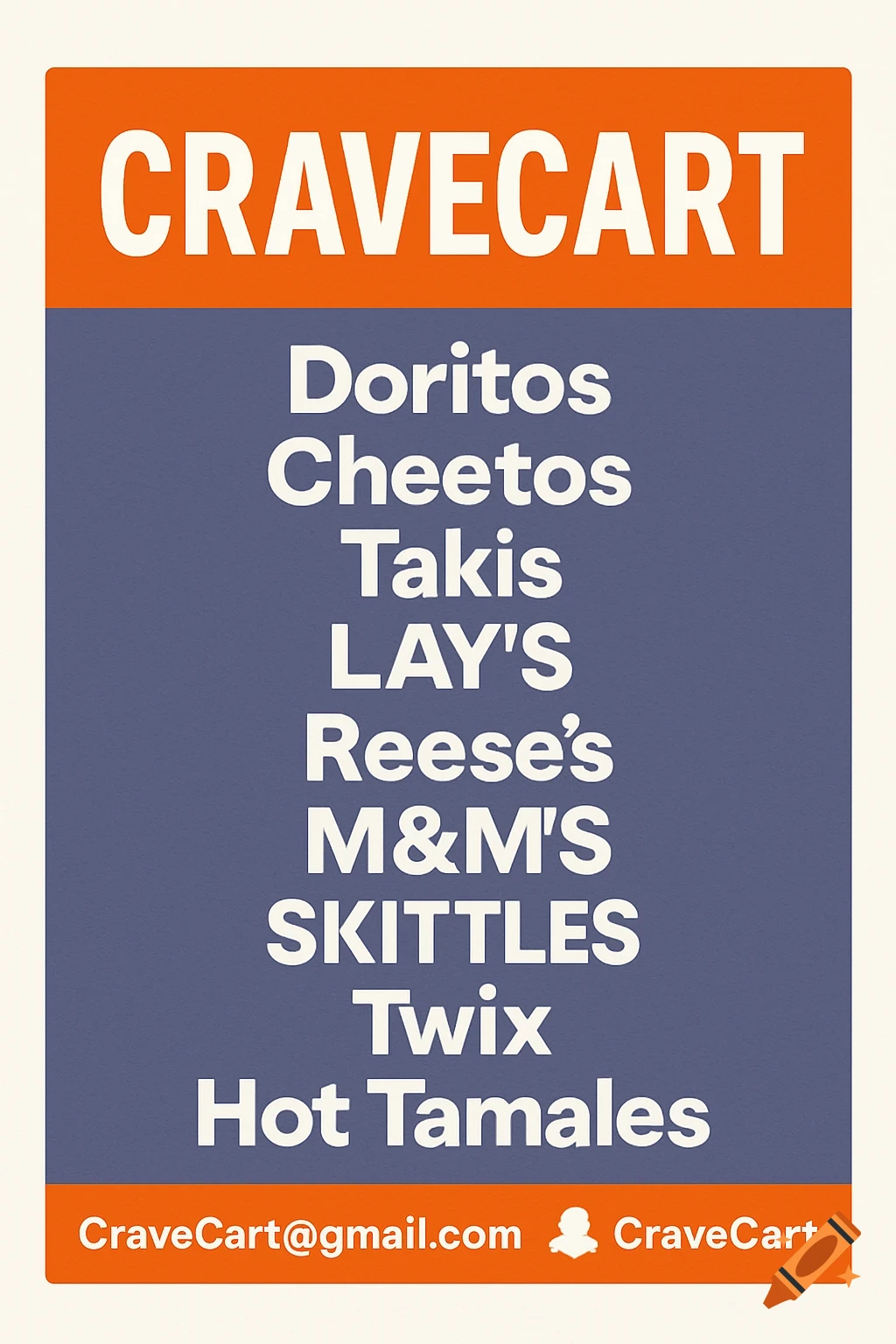 Graphic with CRAVECART header, list of snack names, and contact info.