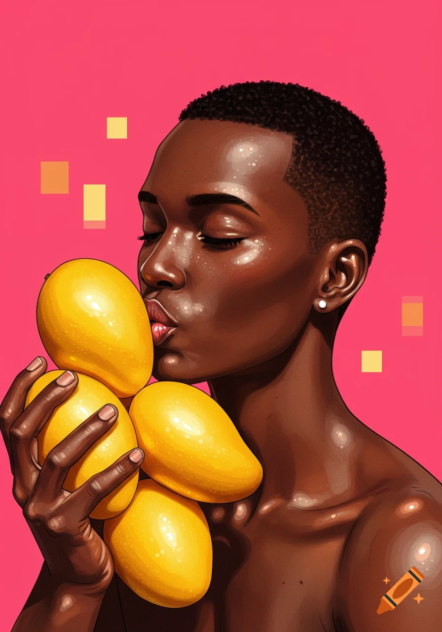 Illustration of a person with a buzz cut kissing a pile of mangoes against a pink background.