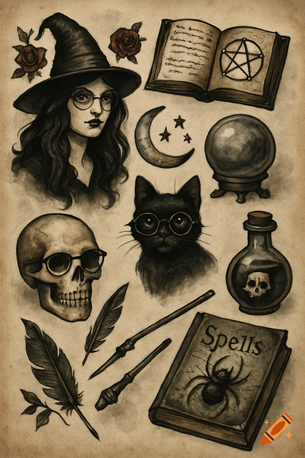 Illustration of witchy/gothic items including a witch, cat, skull, spellbooks, crystal ball, feathers, and wands.