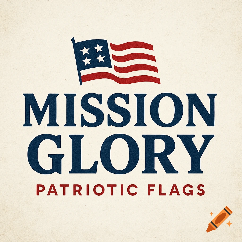 Patriotic logo with a waving American flag and text 'MISSION GLORY PATRIOTIC FLAGS'