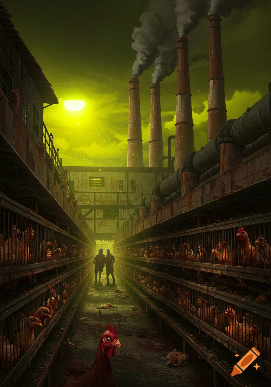 A dark factory with rows of chickens in cages. Two figures walk down a blood-stained aisle towards smoking chimneys.