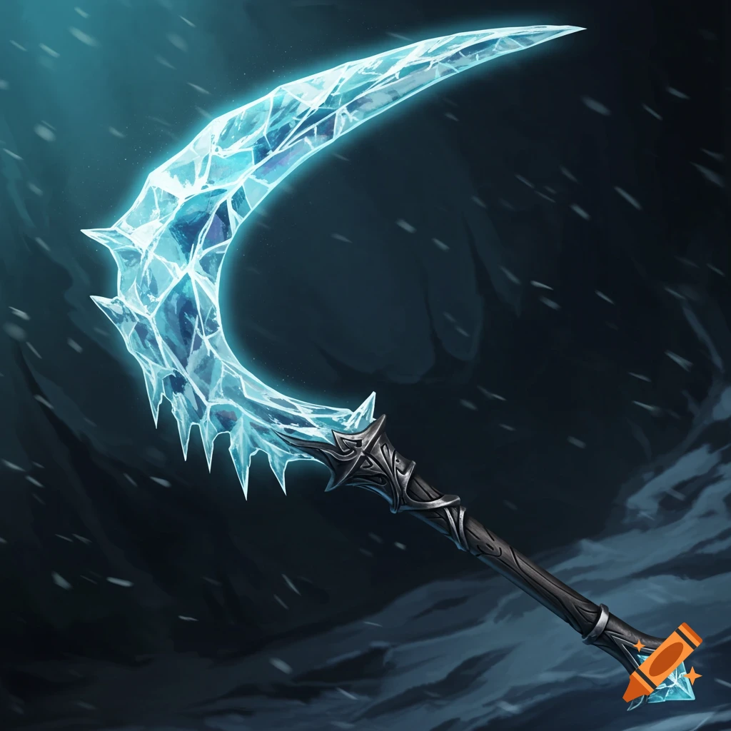 An ice scythe weapon against a dark, snowy background.