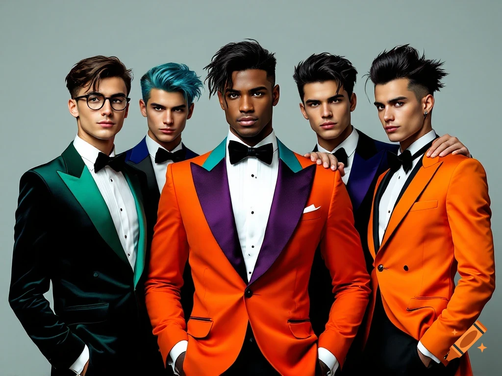Five young men in colorful tuxedos pose against a plain background.