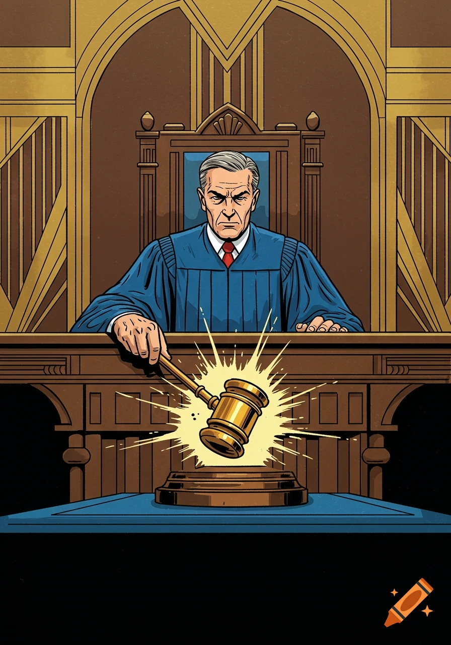 An art deco comic book illustration of a judge slamming a gavel in a courtroom.