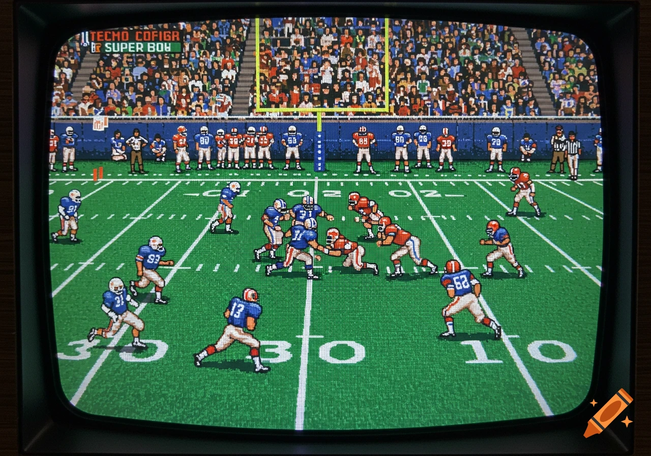 Pixelated American football game in the style of Tecmo Super Bowl on a CRT television screen.