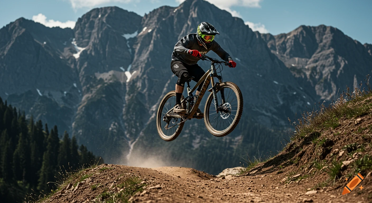 A mountain biker jumps mid-air on a dirt trail with dramatic mountains in the background.