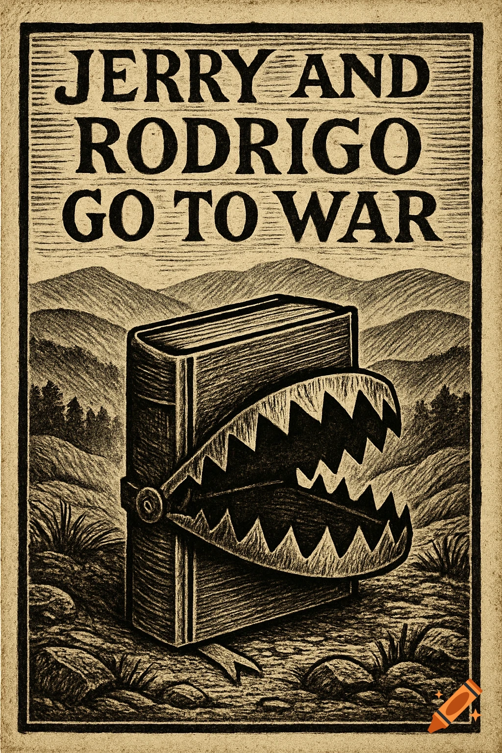 Woodcut illustration of a book with steel trap teeth in front of mountains, titled "JERRY AND RODRIGO GO TO WAR".