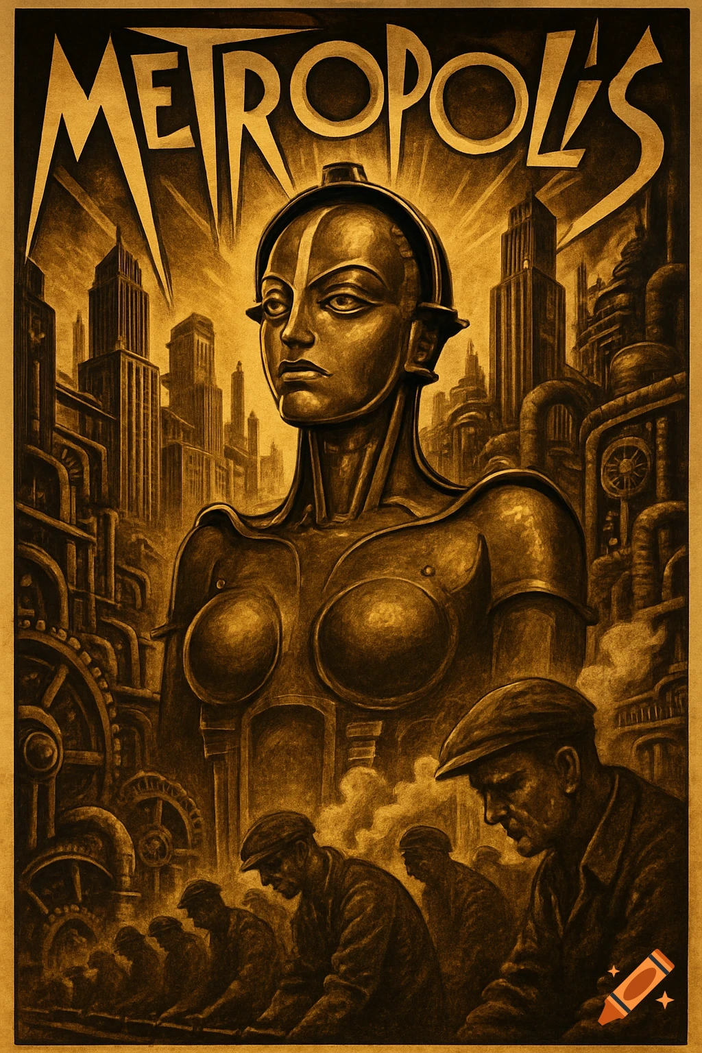 Vintage style movie poster for Metropolis featuring a robot figure towering over workers and a cityscape.