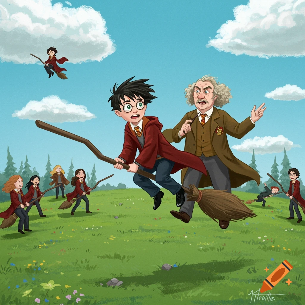 Harry Potter and students on broomsticks with an instructor on a grassy field, illustration.