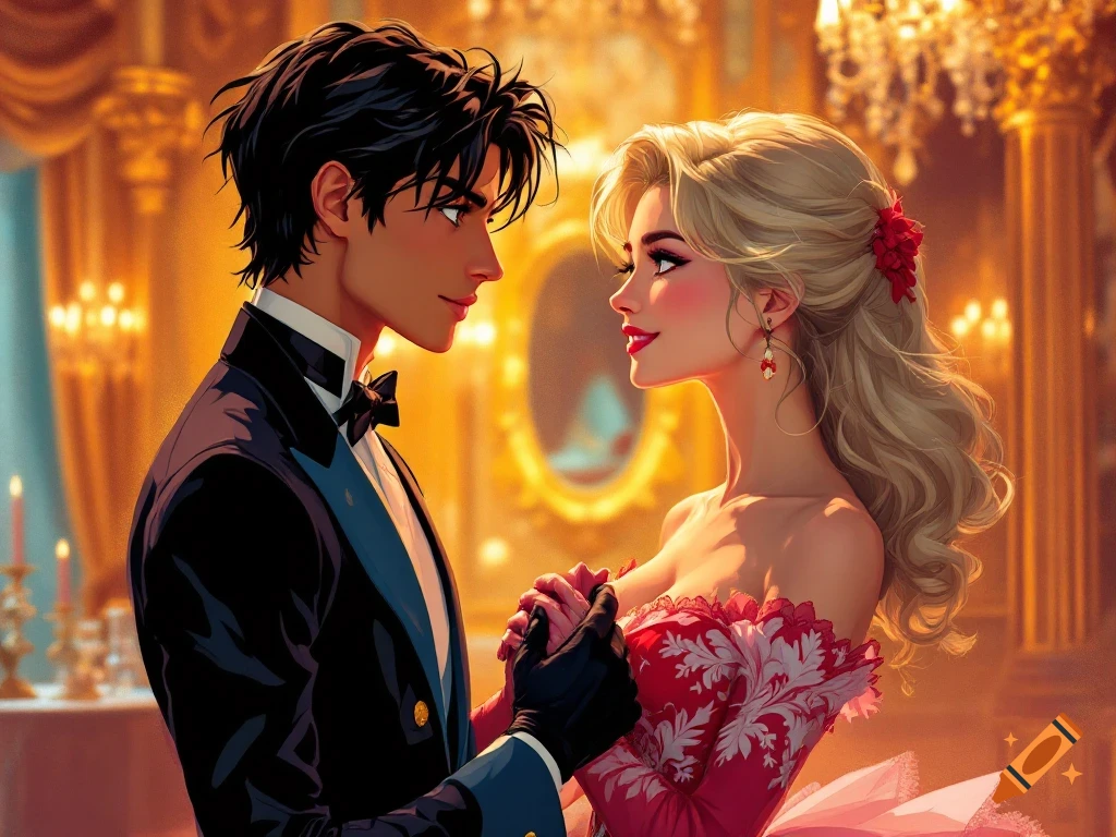 Anime illustration of a man in a tuxedo and woman in a red gown holding hands in a golden ballroom.