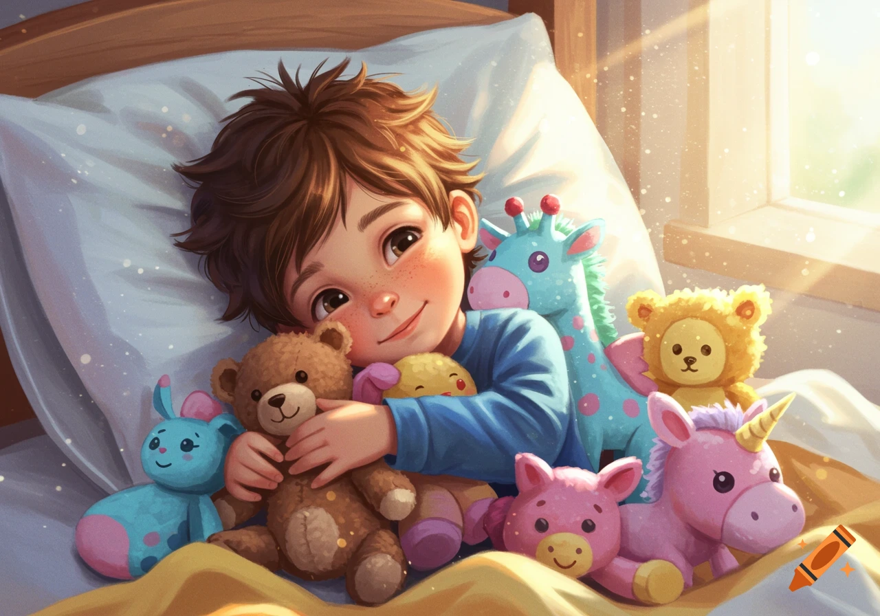 A smiling young boy hugs several stuffed animals in his sunny bed. Illustration.