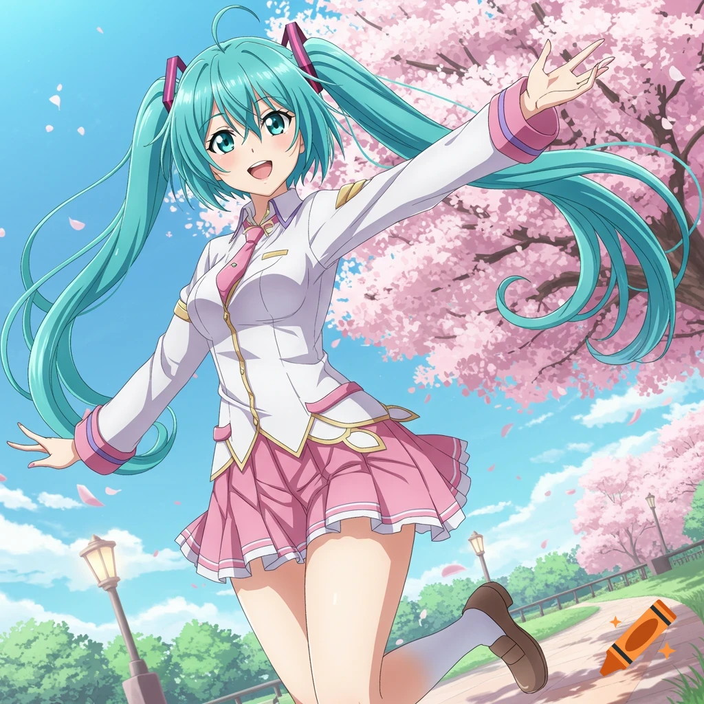 Anime woman with teal pigtails in a school uniform, smiling under cherry blossom trees