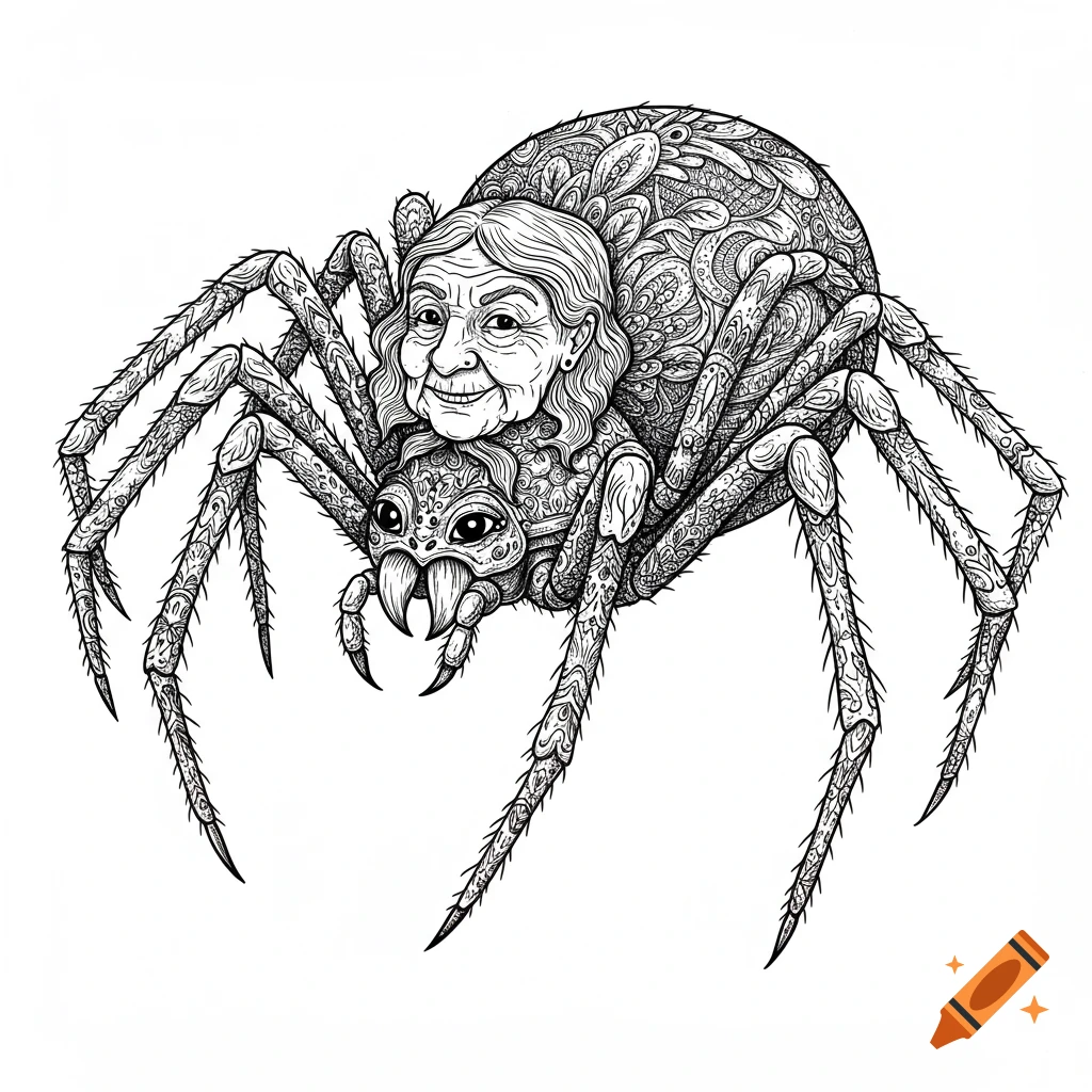 Detailed line drawing of a spider with an old woman's face on its back.