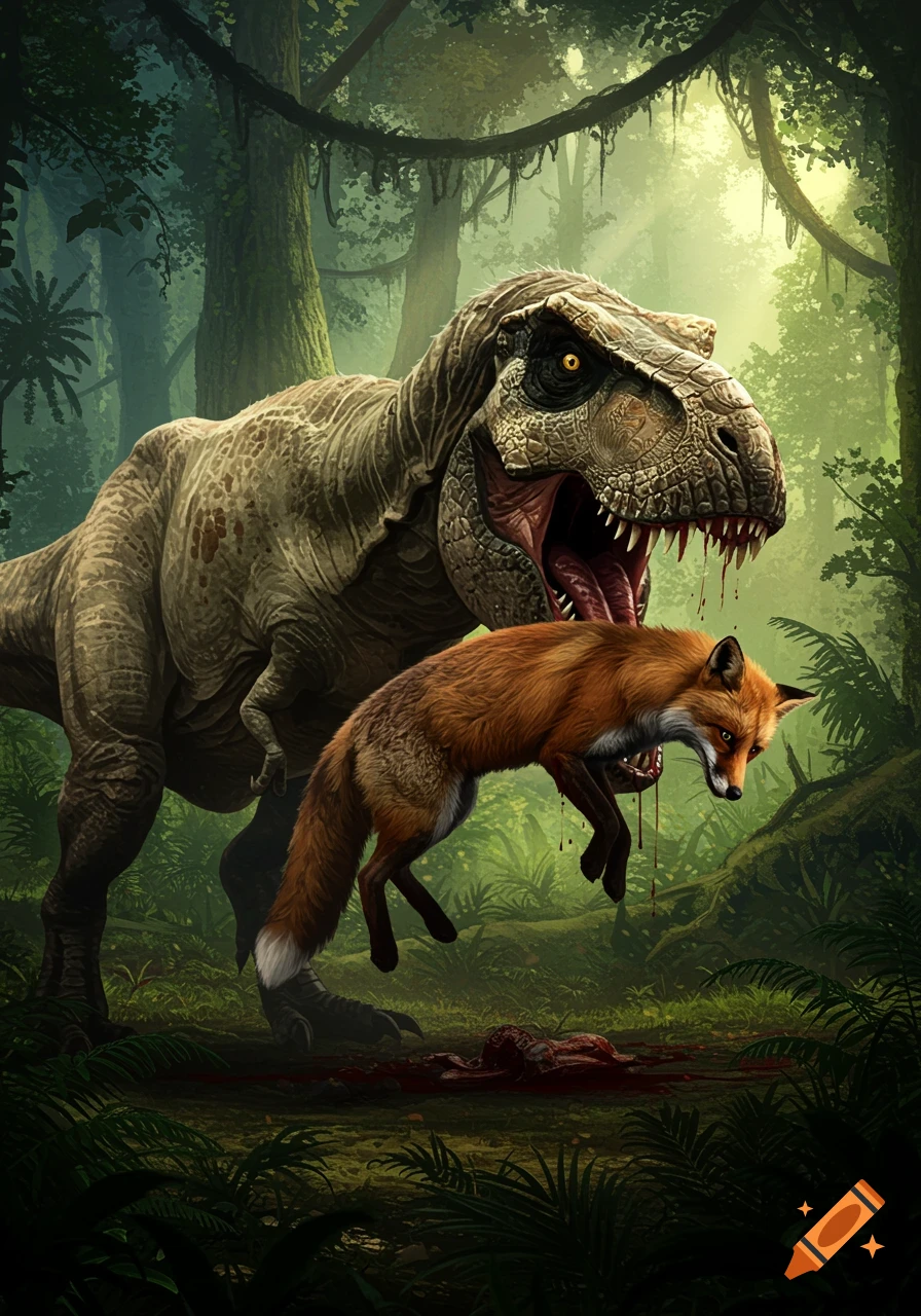 A T-Rex holds a dead fox in its mouth in a jungle