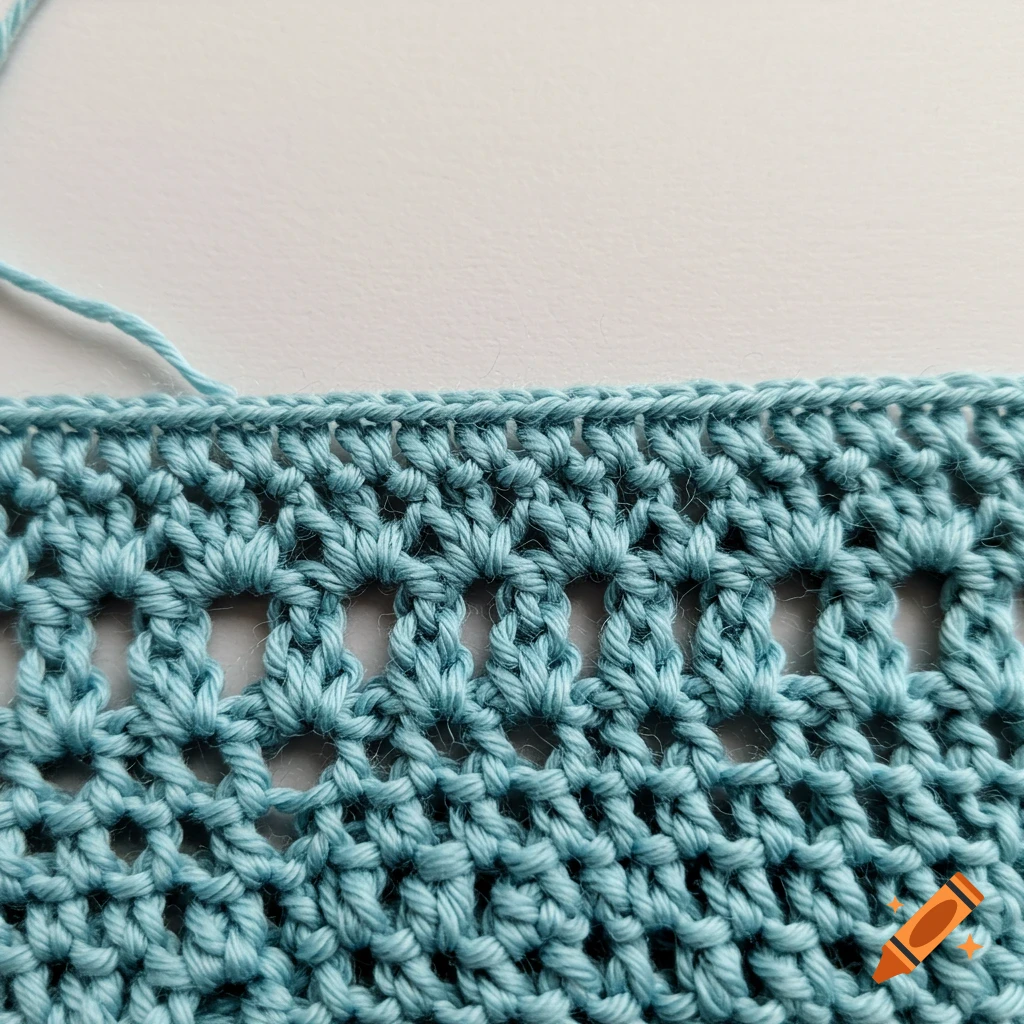 Close-up of light blue crochet stitches forming a pattern.