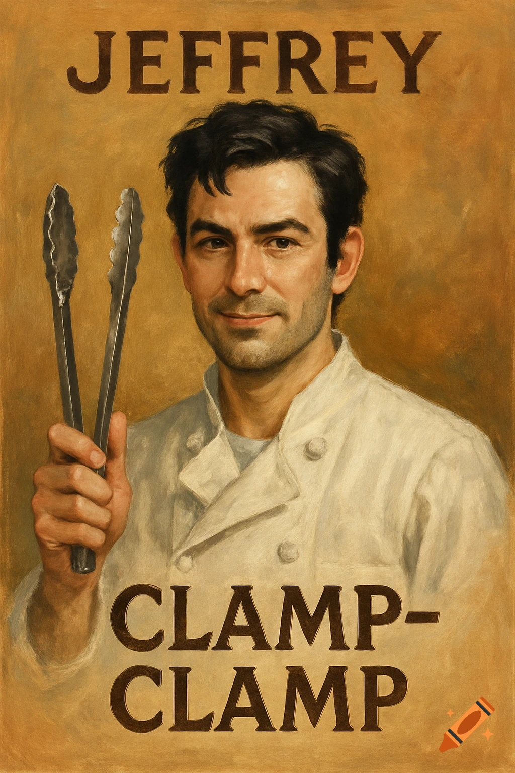 A man in a chef's coat holds cooking tongs in a painted style. Text reads "Jeffrey Clamp-Clamp".