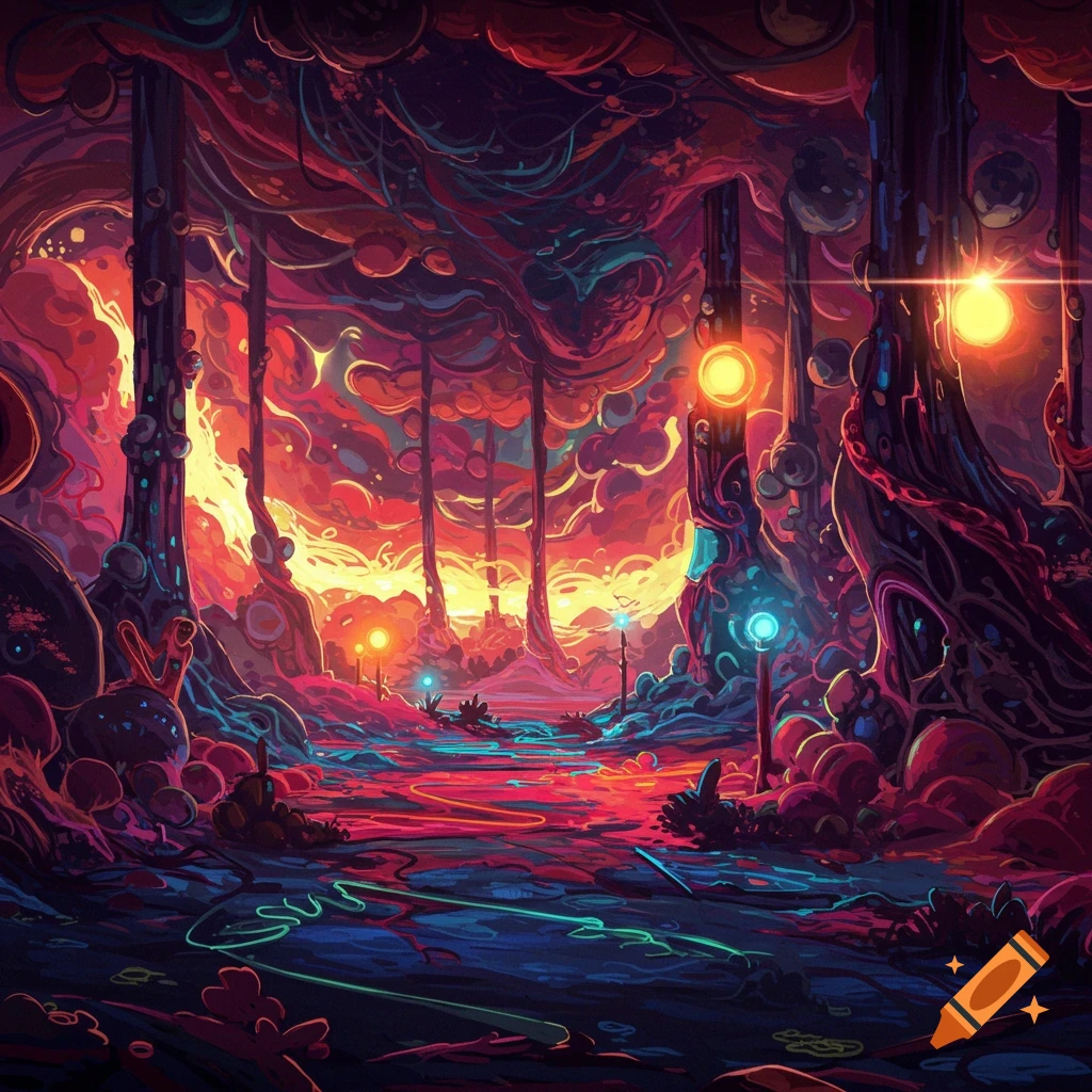 Abstract fantasy landscape with glowing trees and river in vibrant red, purple, and blue tones.