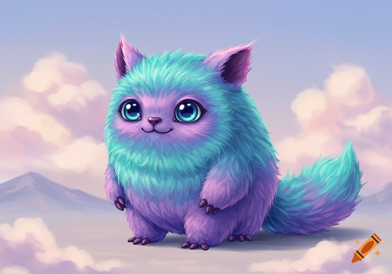 A cute fluffy blue and purple fantasy creature with large eyes stands in a landscape with mountains and clouds in a painterly style.