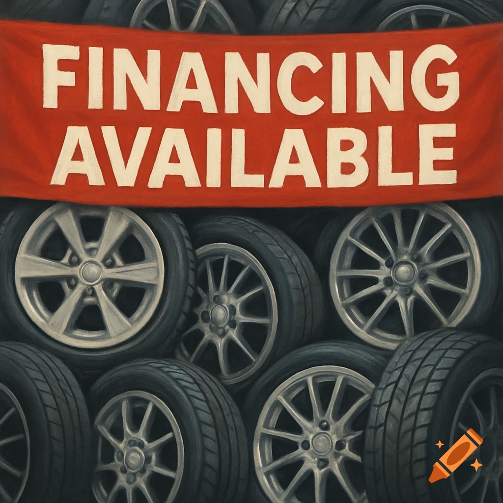 A painting of a stack of tires with a red banner across the top reading "FINANCING AVAILABLE".
