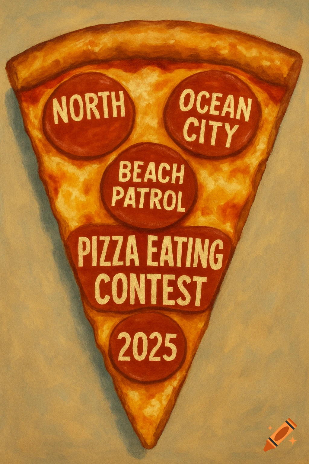 Text 'NORTH OCEAN CITY BEACH PATROL PIZZA EATING CONTEST 2025' on pepperoni slices of a pizza slice, illustration style.
