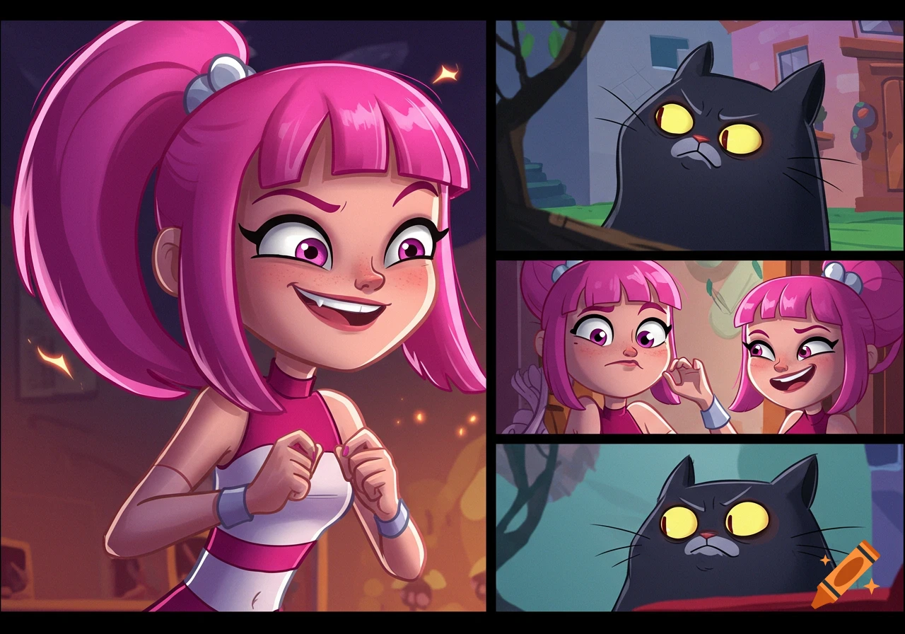 Comic panel layout featuring a cartoon girl with pink hair and a grumpy black cat.