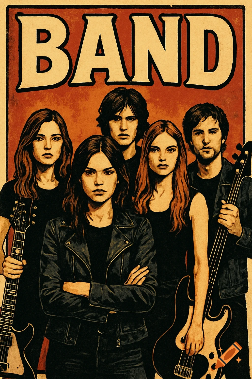 Stylized band poster with text "BAND", featuring three women and two men holding guitars.