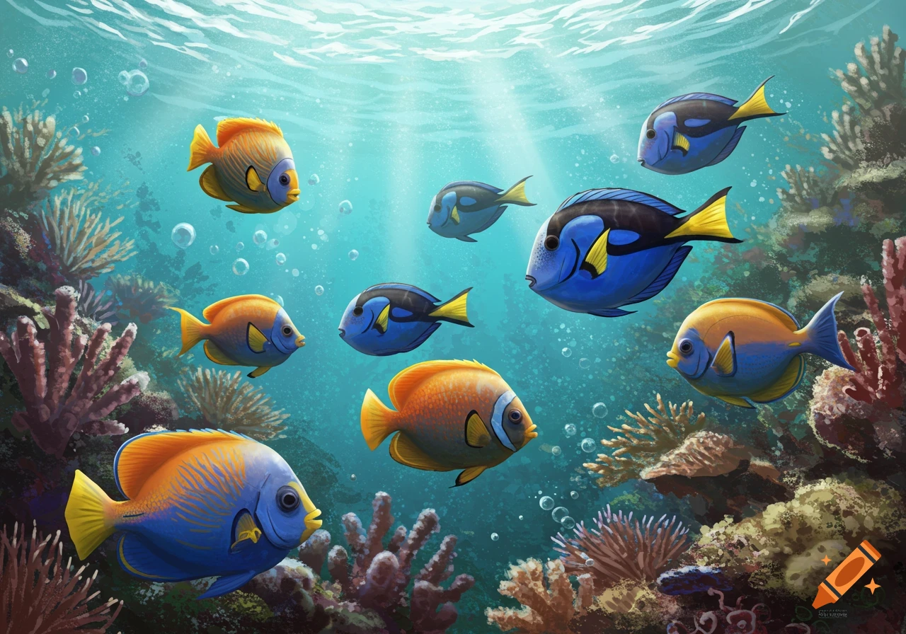 Colorful fish swim among coral in a sunlit ocean, digital painting.