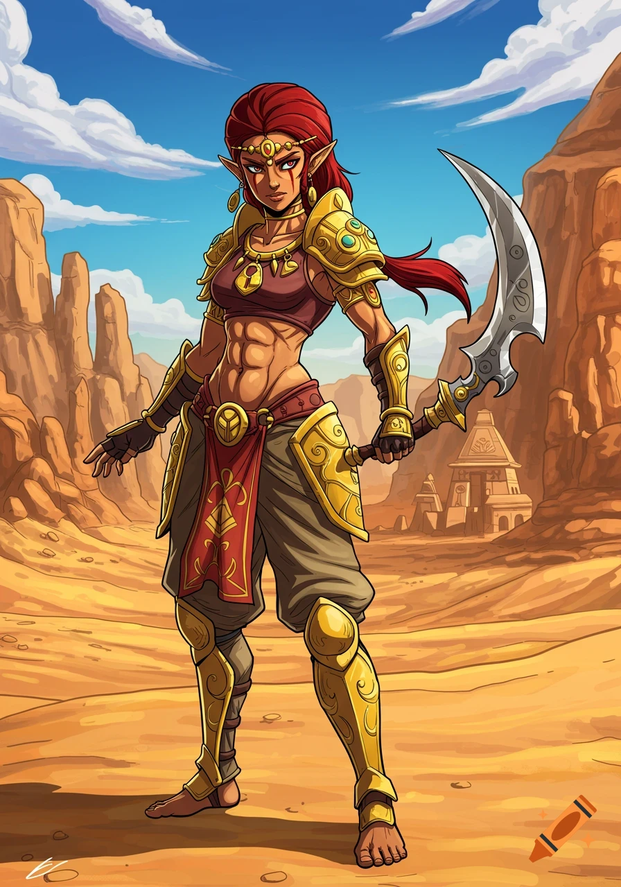 An illustration of a female warrior in gold armor and red clothes standing in a desert with a curved sword.