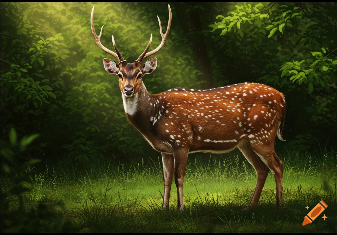 A spotted deer stands in a sunlit forest