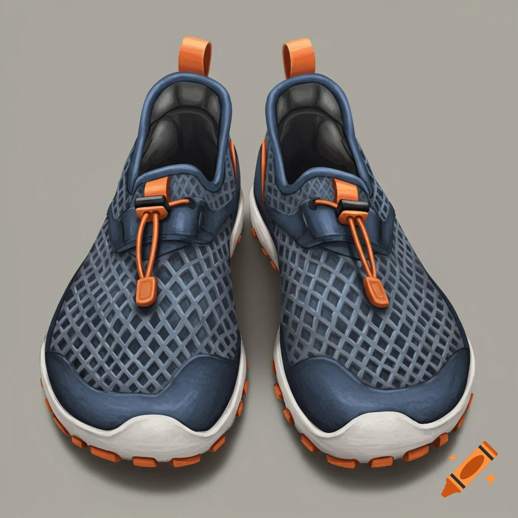 A pair of dark blue and orange mesh aqua shoes.