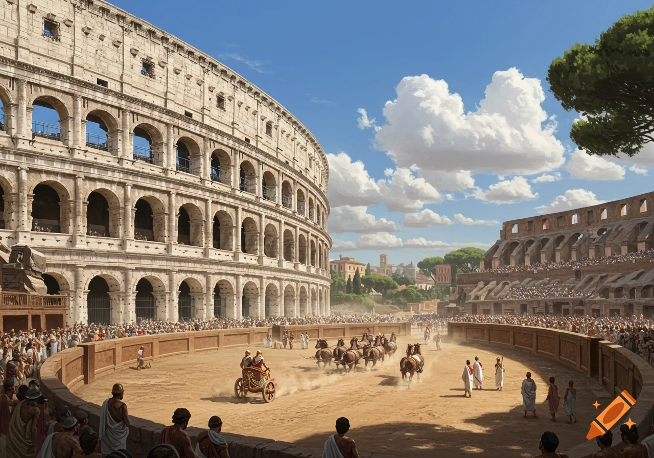 Chariot race in the Roman Colosseum during ancient times, illustration style.