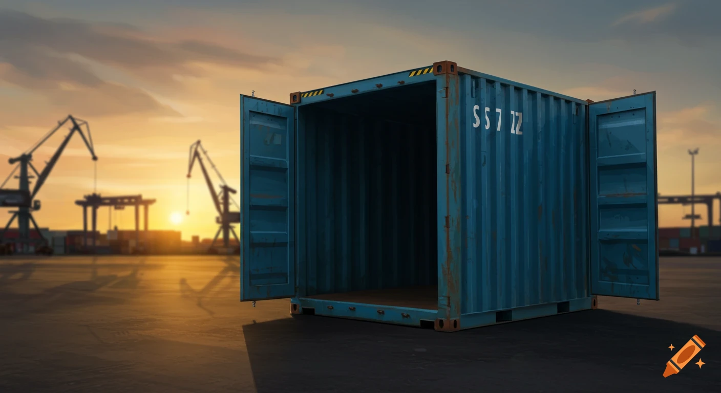 An open blue shipping container sits on the ground at a port during sunset with cranes in the background.