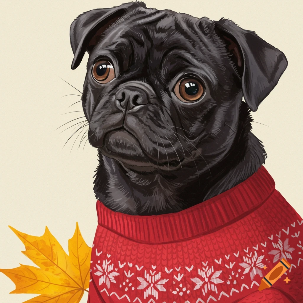 Illustration of a black pug wearing a red sweater next to a yellow maple leaf.